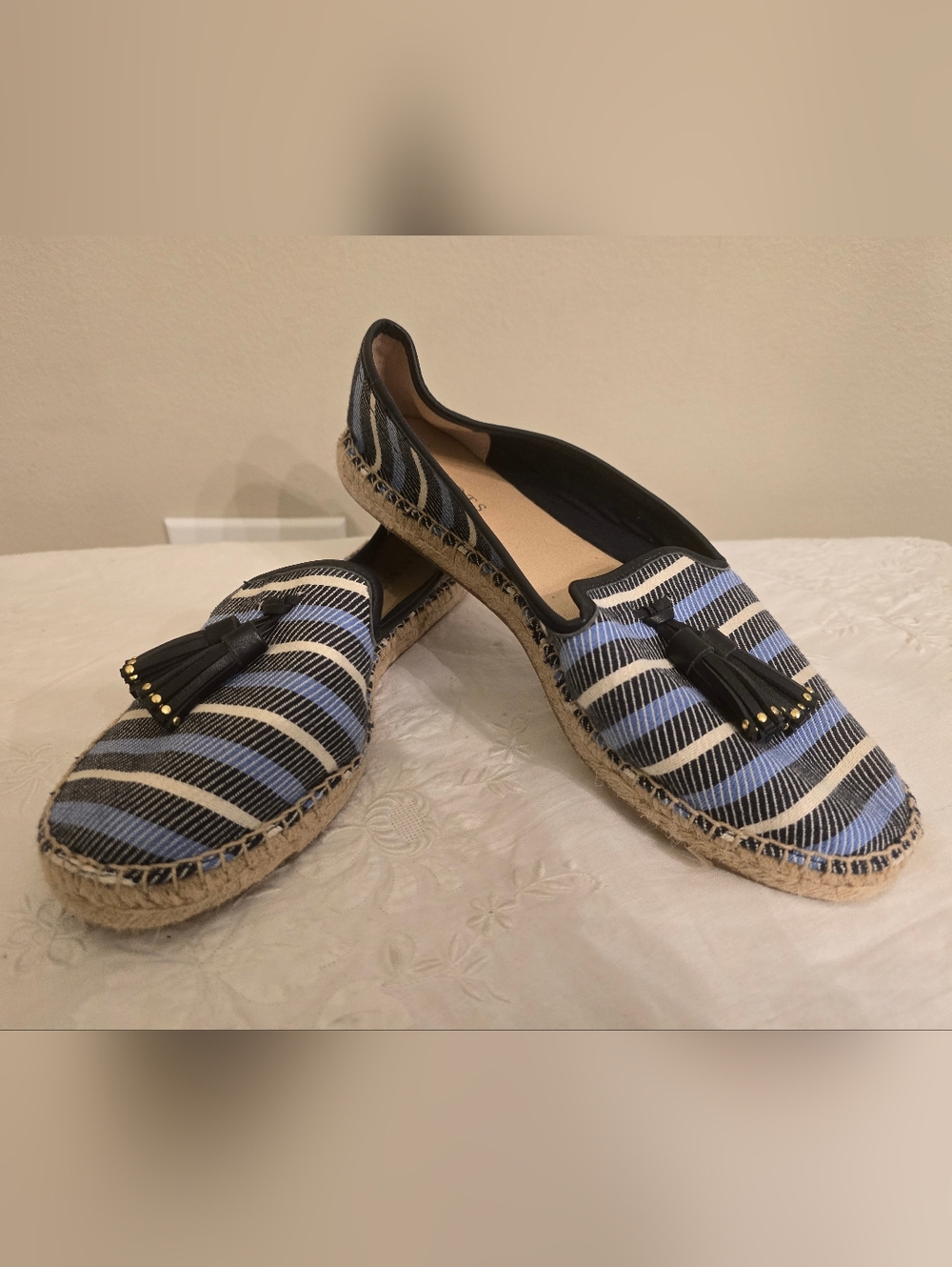 Talbots Ivy Tassel Striped Blue & White Tassel Espadrille Flats - Size 9.5 NWOT